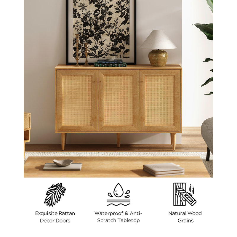Rattan 3 Door Sideboard Accent Cabinet, Oak