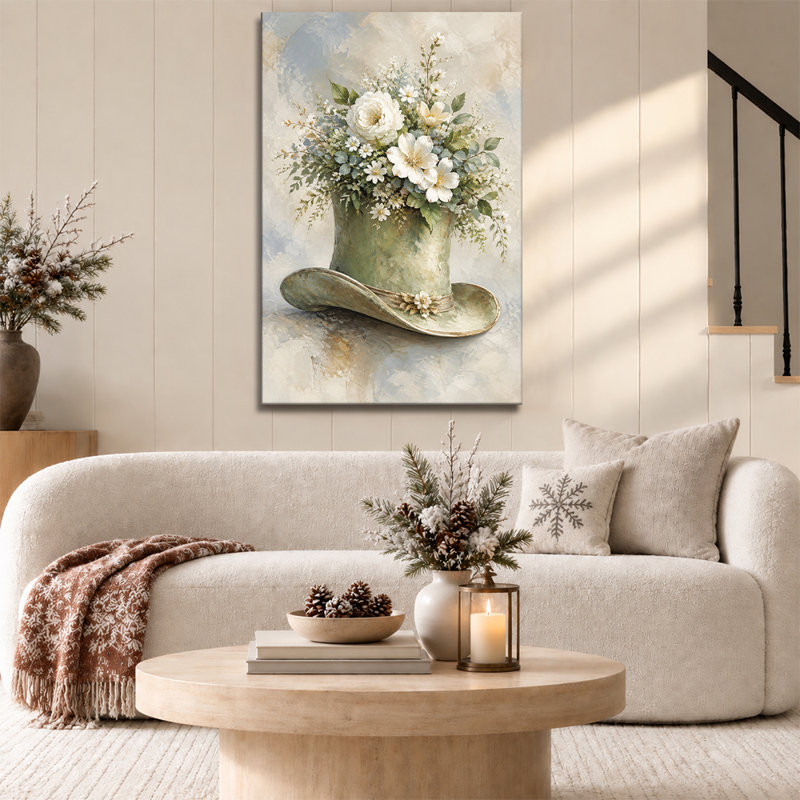 Nature morte sur toile représentant un bouquet de pivoines blanches de style shabby chic dans un chapeau haut-de-forme