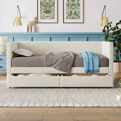 Twin Size Corduroy Daybed With Two Drawers And Wood Slat by Ebern Designs
