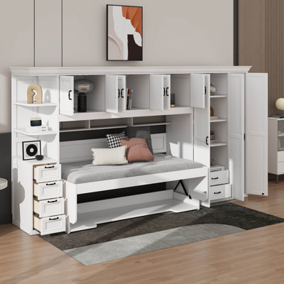 Lit escamotable simple avec armoire murale, armoire et bureau