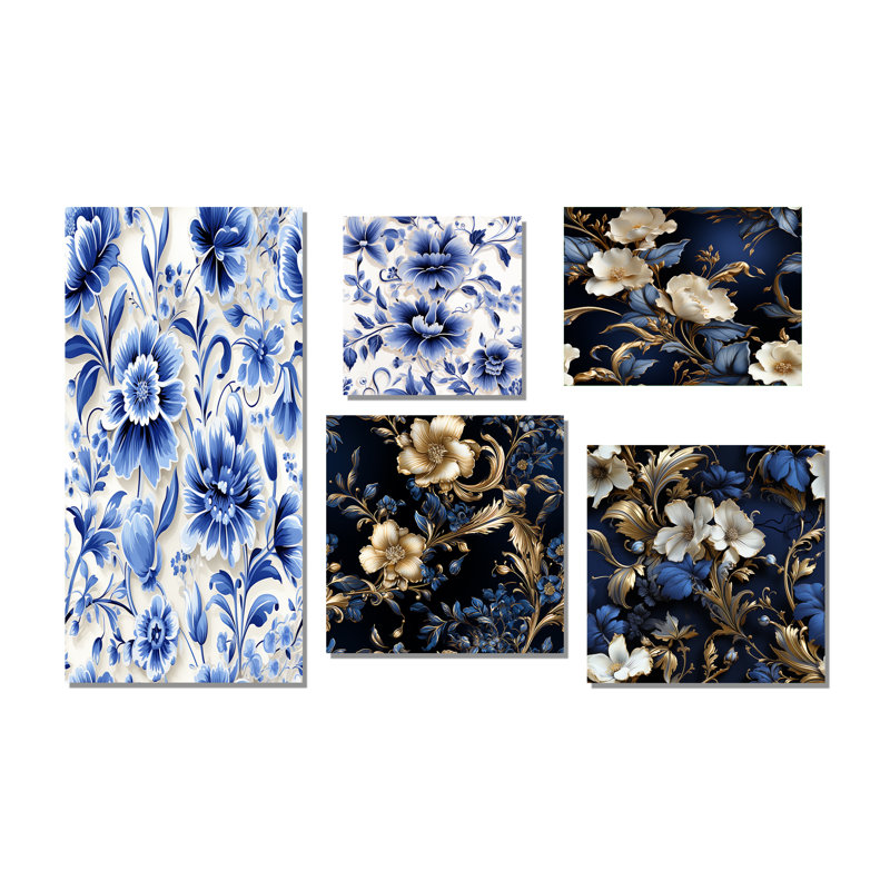 Ensemble de 5 décorations florales victoriennes en filigrane bleu cobalt victorien, Toile tendue