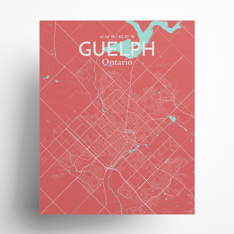 Guelph City Map, impression, H 20 po x l 16 po, Rose / bleu bébé