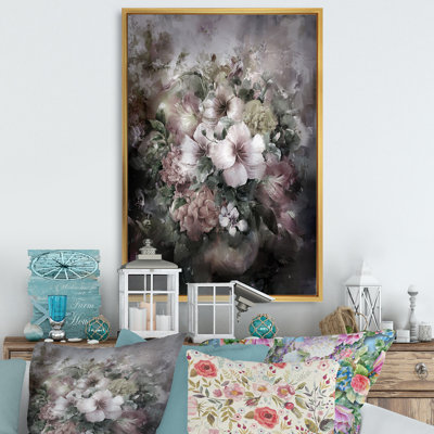 Grunge blanc gris fleurs d'été - art mural traditionnel sur toile