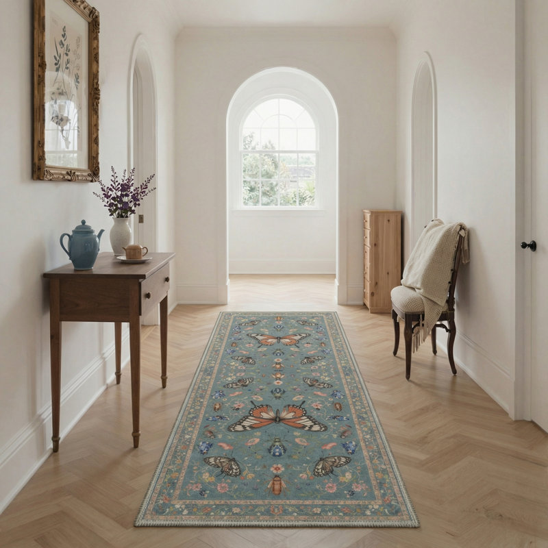 Animal Print Butterfly Machine Washable Dusty Blue/Tan Indoor Area Rug With Non-Slip Backing, Runner 2' x 6'