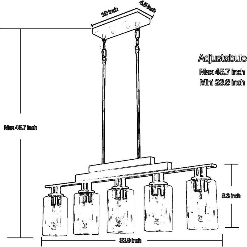 Luminaire suspendu linéaire à 5 lumières, îlot de cuisine de style campagnard avec tiges de suspension réglables et abat-jour en verre transparent pour salle à manger