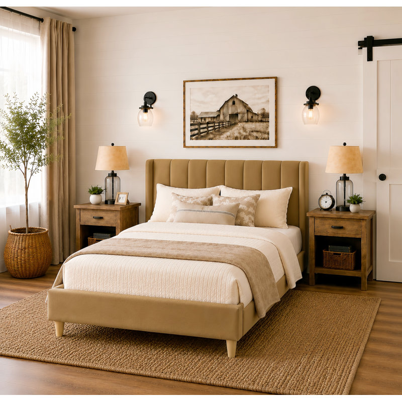 Eriksay Low Profile Upholstered Platform Bed with Wingback Headboard, Queen, Pale Gold Velvet