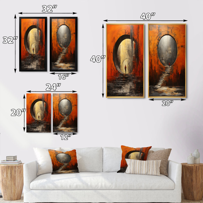 «Orange Tunnel Wall Art», ensemble de 2 pièces sur toile - Orange Tunnel Whispering Echoes Mixed, Cadre noir