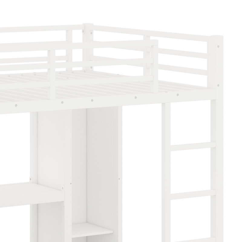 Lit mezzanine en métal avec garde-robe et bureau en L, Blanc, Grand lit