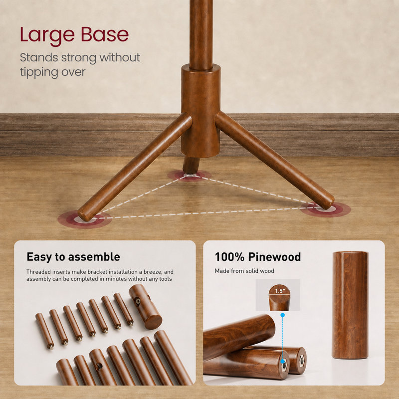 Adosinda Freestanding Coat Rack,Sturdy Wooden Coat Stand, 8- Hook Coat Rack,3 Height Options,Used in Bedroom,Hallway and Entryway,for Storing Coats, Hats,Bags,Umbrella Stand and Coat Hooks