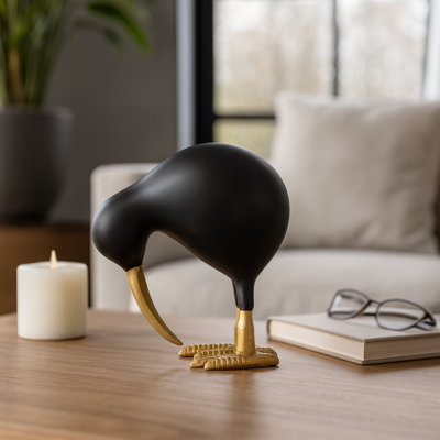 Decorative Metal Kiwi Bird Figurine Sculpture for Home Decor - Modern Accent Statue for Shelf, Table, or Living Room Decoration - Black & Gold