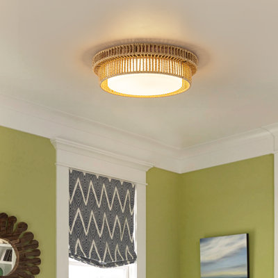 Dimmable 12.8"W Hand-Woven Drum Flush Mount