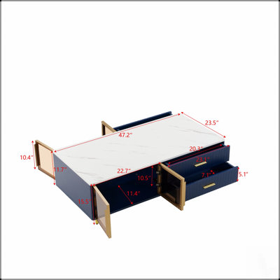 Table basse moderne bleu marine avec 2 portes de rangement en verre, 4 tiroirs et pieds en métal doré pour un décor élégant