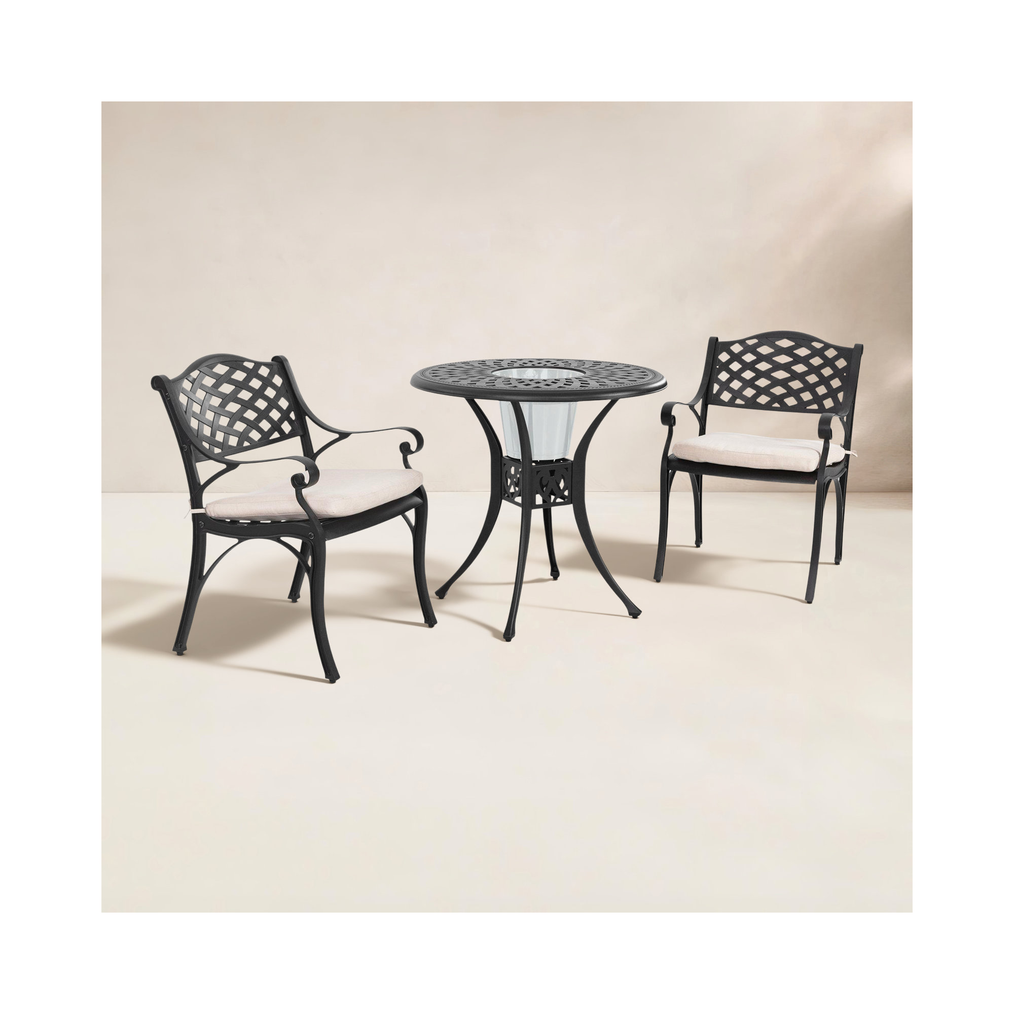 Outdoor 3-piece Cast Aluminum Bistro Set With Cushions, Beige