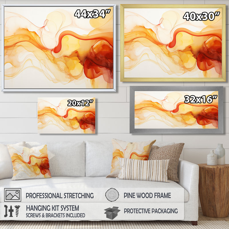 Jaune et orange nuages - art abstrait mural encre liquide salon, Toile tendue, H 30 po x l 40 po x P 1,5 po