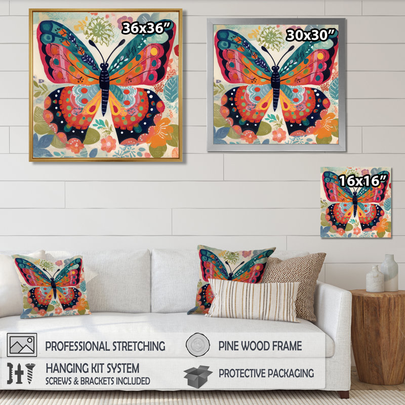 Boho, papillon, ailes du printemps, art mural papillon, salon, H 30 po x l 30 po x P 1 po, Toile tendue