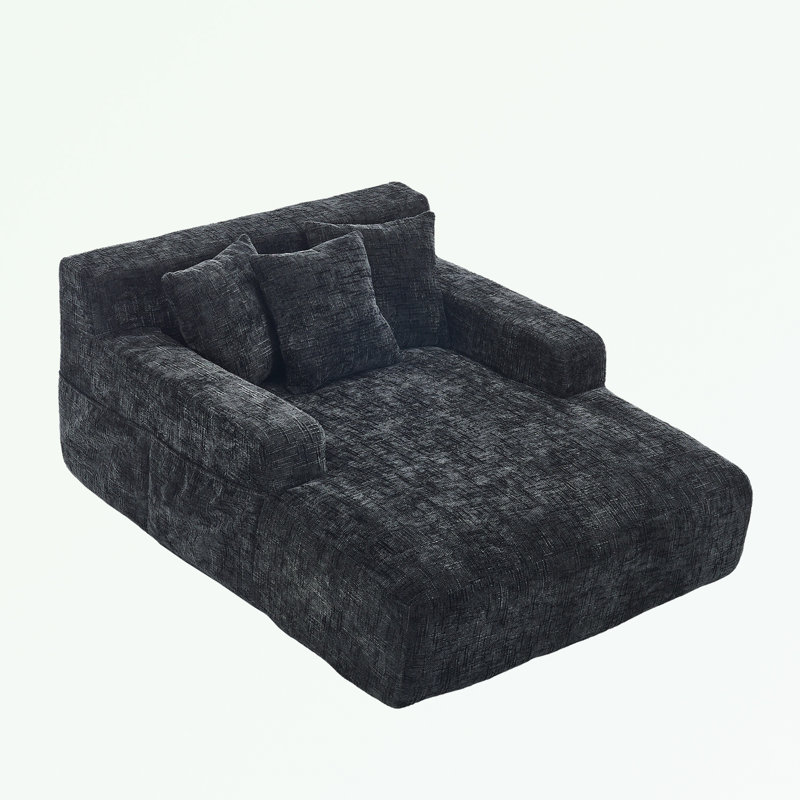 Chaise longue en chenille avec trois coussins et accoudoirs, Noir