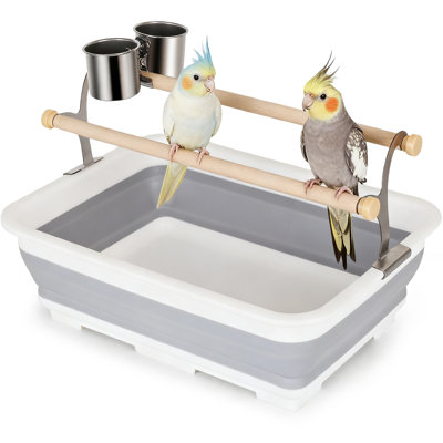 Bac à bain d'oiseaux avec perchoir et tasses, blanc et gris, grand