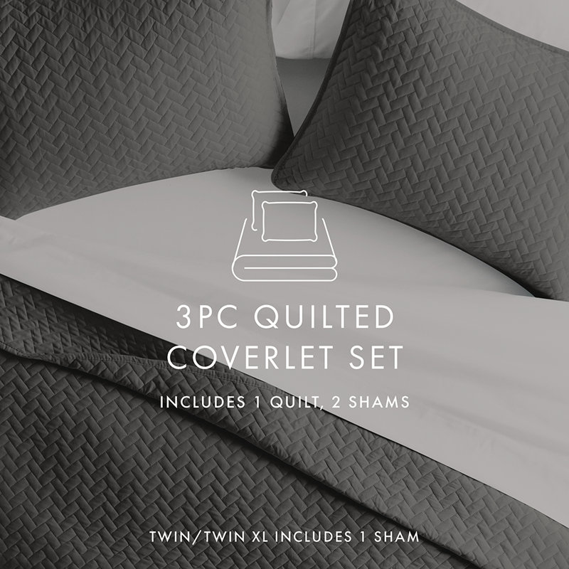 Quilt Coverlet Set All Season Microfiber Contemporary Ultra Soft Bedding in Herringbone Stitch, Gray