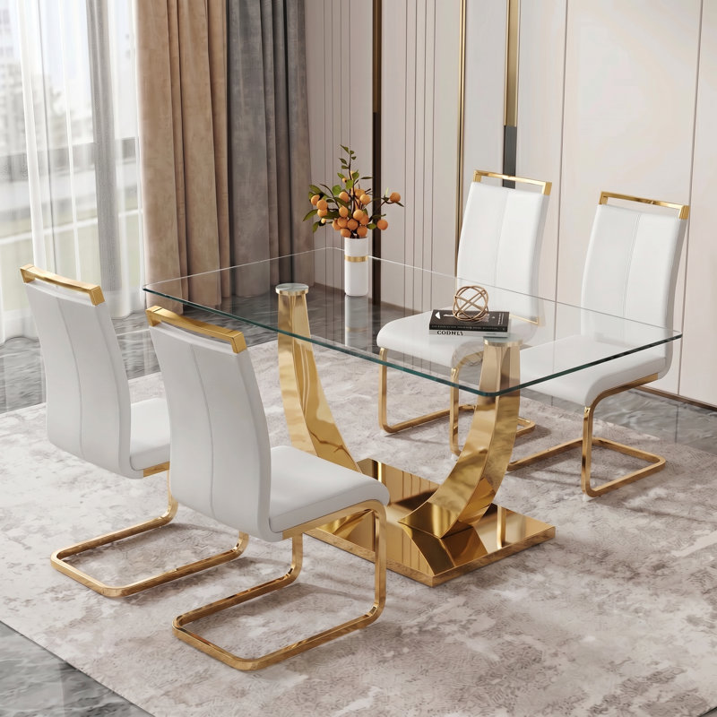 Ensemble de salle à manger 5 pièces rectangulaire moderne en verre trempé avec base en métal et chaises en porte-à-faux en similicuir