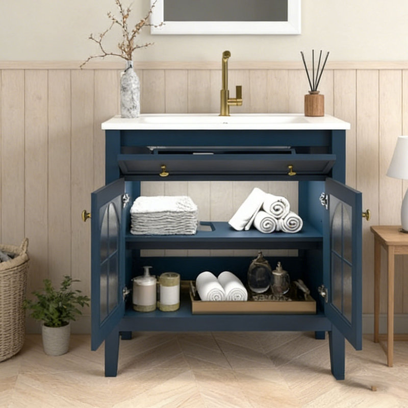 Armoire de salle de bain 35,6 po, Bleu + lavabo + 2 portes