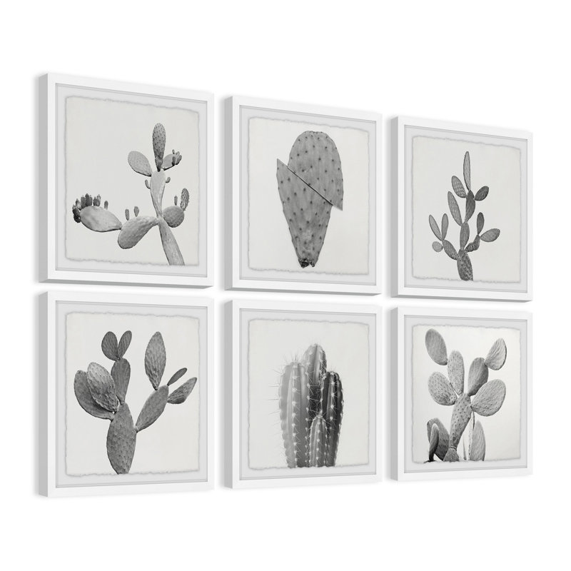 Makeya " Cactus Variety II Hexaptych " by Marmont Hill 6 - Pieces, 32" H x 32" W, Grey Framed with Deckled Edges