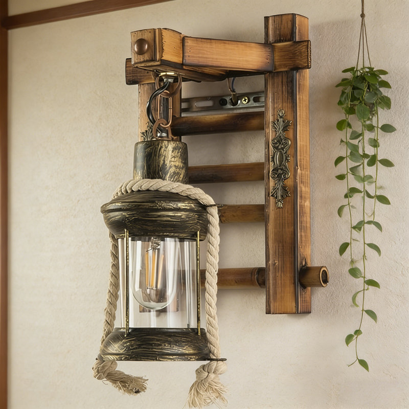 Applique murale rustique de style campagnard avec support en bois et corde