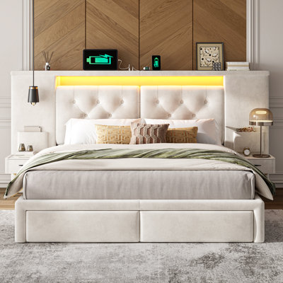 Upholstered Platform Bed With A Wide Storage Headboard, LED Lights, Charging Station And 2 Large Drawers