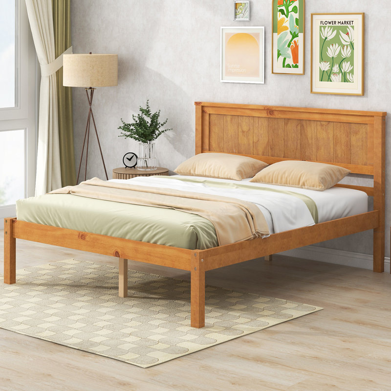 Platform Bed Frame With Headboard, Full, Oak
