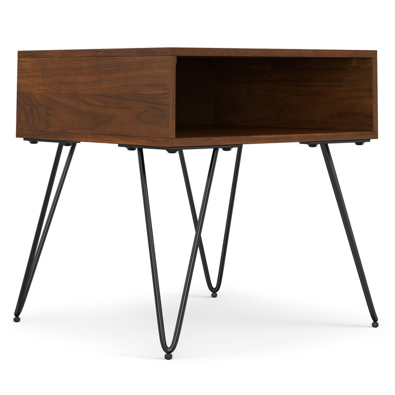 Hunter 22"W Solid Mango Wood and Metal Industrial Square End Table with Open Storage and Hairpin Legs, Walnut Veneer, Black