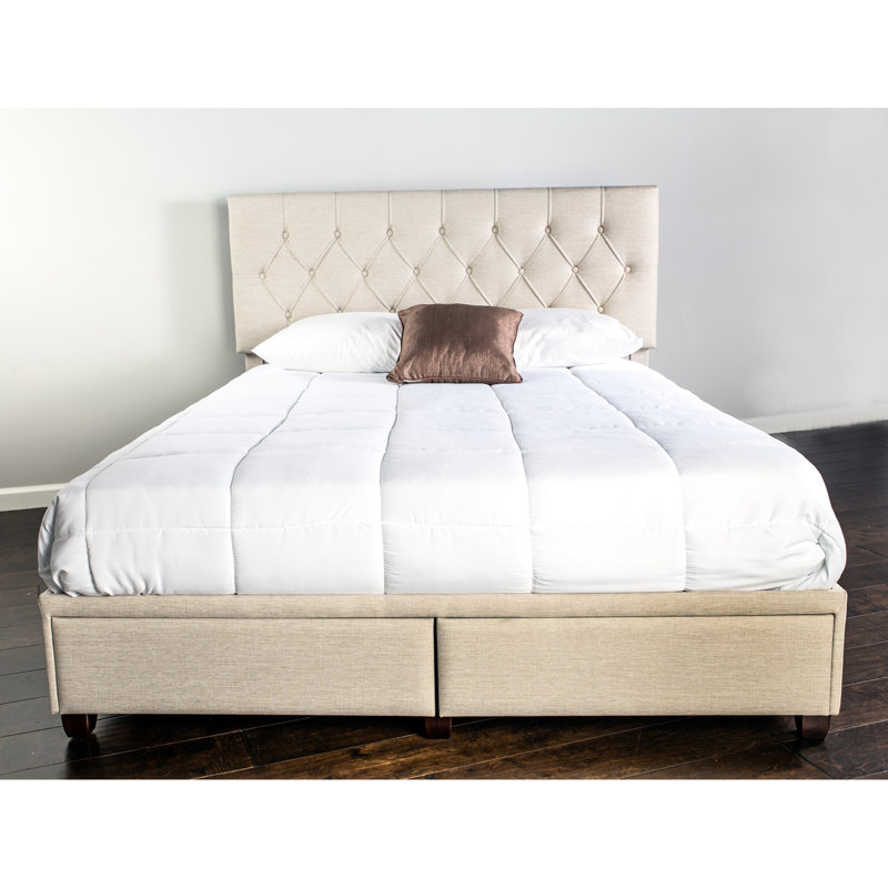Grand lit de rangement avec finition rembourrée et 2 tiroirs beige