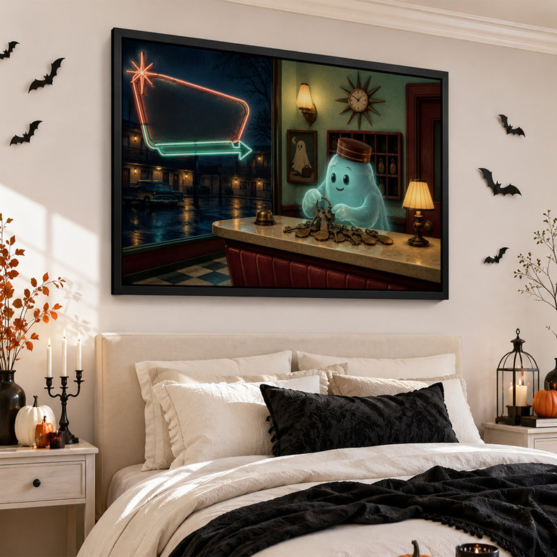 Un groom fantôme bleu lumineux avec des clés, une toile murale rétro pour l'Halloween, 24"H x 36"W