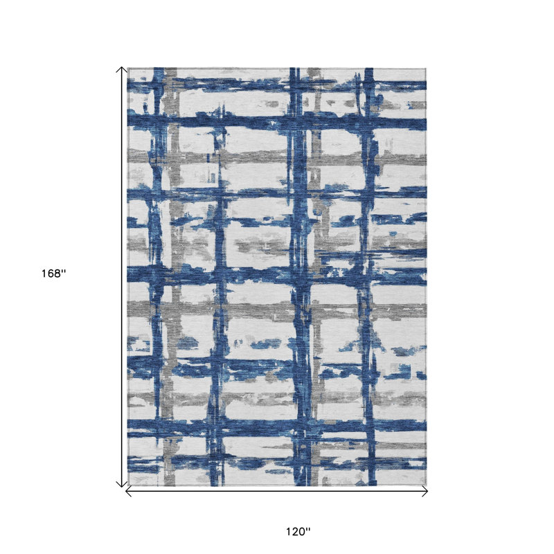 Tapis extérieur lavable rayé bleu marine, gris et argent 10 pi x 14 pi