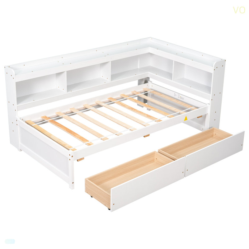 Bed With L-Shaped Bookcases,Drawers