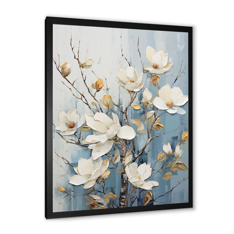 «White and Blue Magnolia Blossom Beauty IV», reproduction sur toile, Cadre simple noir, H 40 po x l 30 po x P 1,5 po