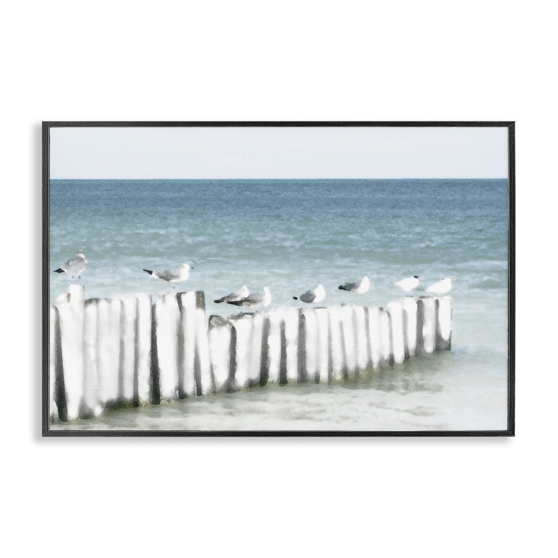 «Gulls Waiting Beach Scene», giclée encadrée, design par Noah Bay, H 12 po x l 18 po, Giclée encadrée noir minuit