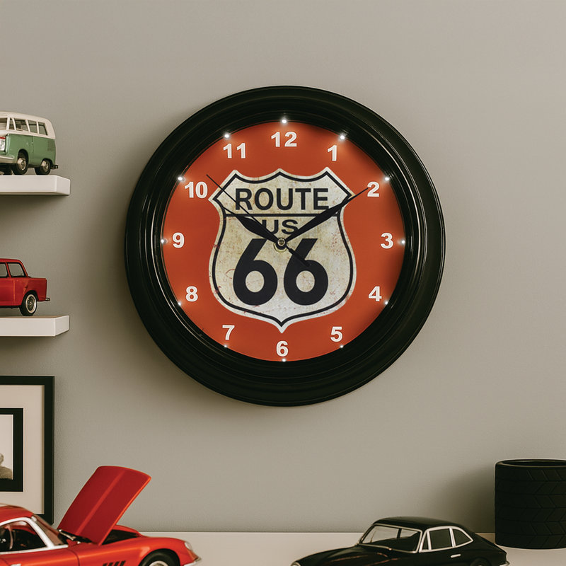 Horloge murale à DEL Route 66 - Bouclier rétro 12 po