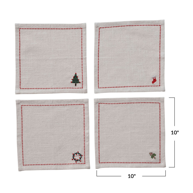 Festive Embroidered Cotton Holiday Napkin Set, 10" Square