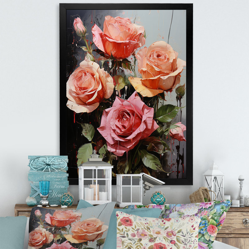 «Daezon Pink Ravish Roses Bouquet II», reproduction sur toile, Cadre photo noir, H 20 po x l 12 po x P 1 po