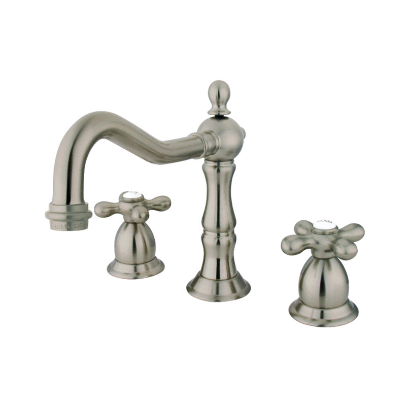 Kingston Brass Heritage Two-Handle 3-Hole Deck Mount Widespread Bathroom Faucet with Brass Pop-Up Drain, Satin Nickel