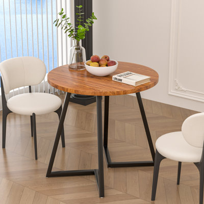 35.43" Brown Small Round Dining Table for 2 – Mid-Century Modern Kitchen Table, Breakfast Table, Bistro Table, Indoor & Outdoor MDF Wood Table with Metal Frame, Rustic Modern Dining Table