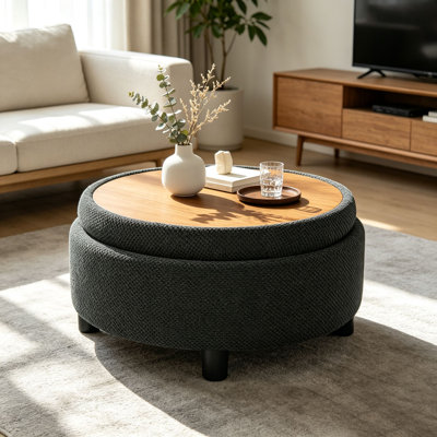 Pouf de rangement rond capitonné, pouf en tissu avec couvercle en bois imperméable, garniture cloutée, repose-pieds multifonctions pour salon