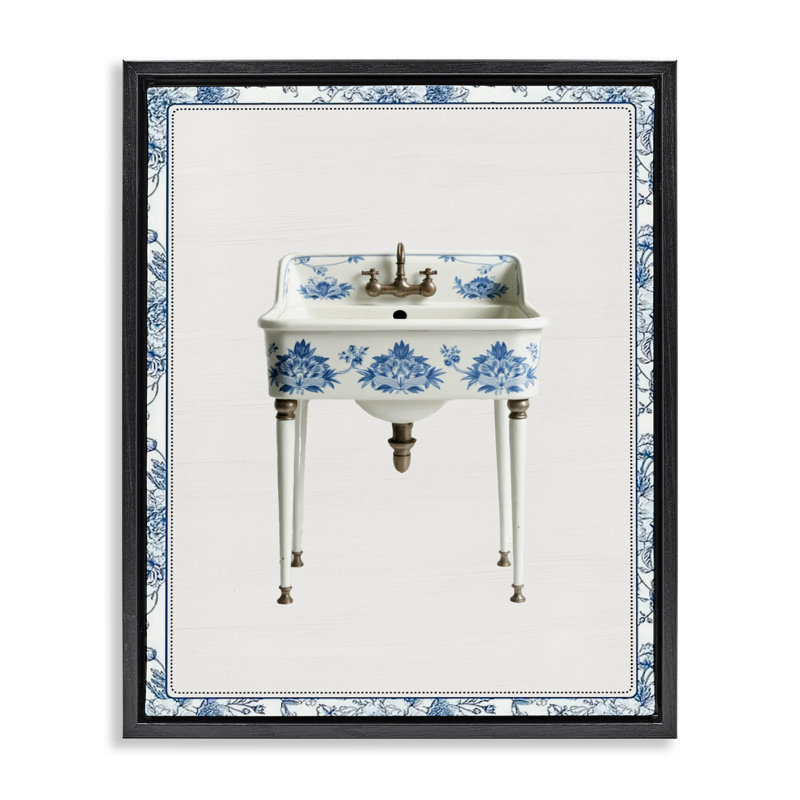 Cadre flottant rétro chinoiserie, évier et lettré, H 31 po x l 25 po, Cadre flottant noir de jais