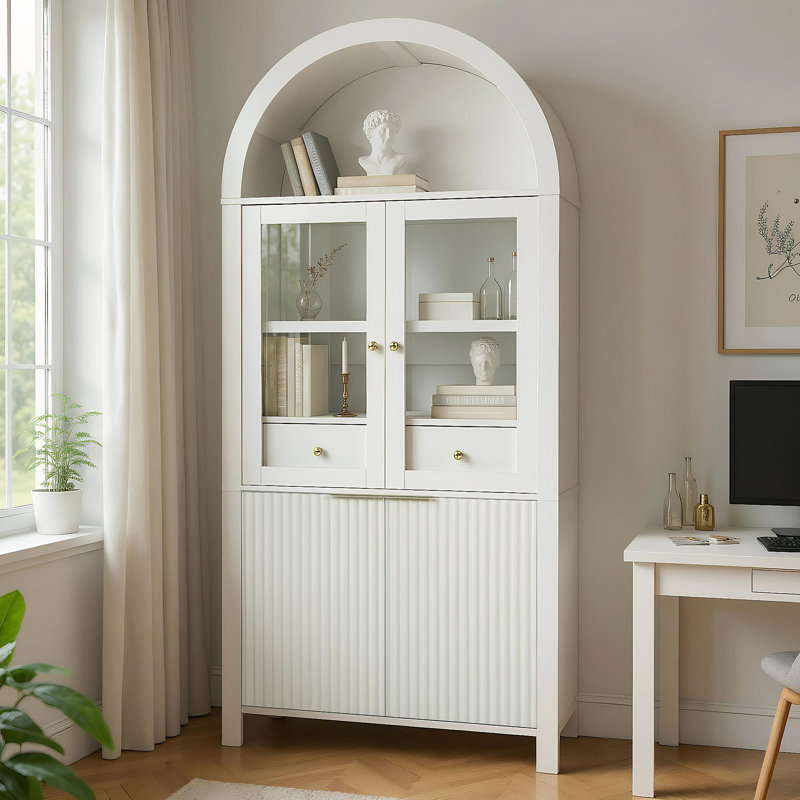 Grand garde-manger arqué cannelé de 71 po avec portes en verre et tablettes réglables, rangement élégant pour la cuisine, le salon, la salle à manger, blanc