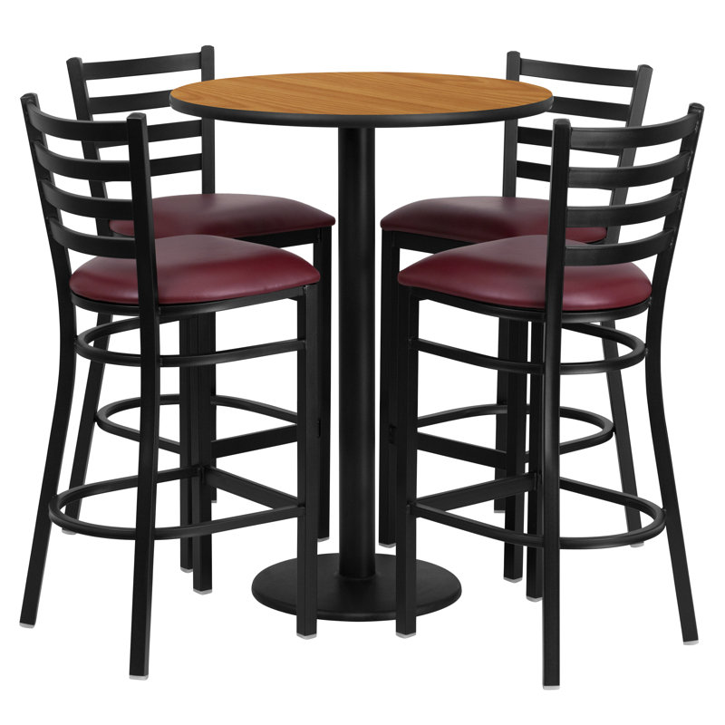 Aniket 30'' Round Laminate Table Set with Round Base and 4 Ladder Back Metal Barstools, Natural, Burgundy
