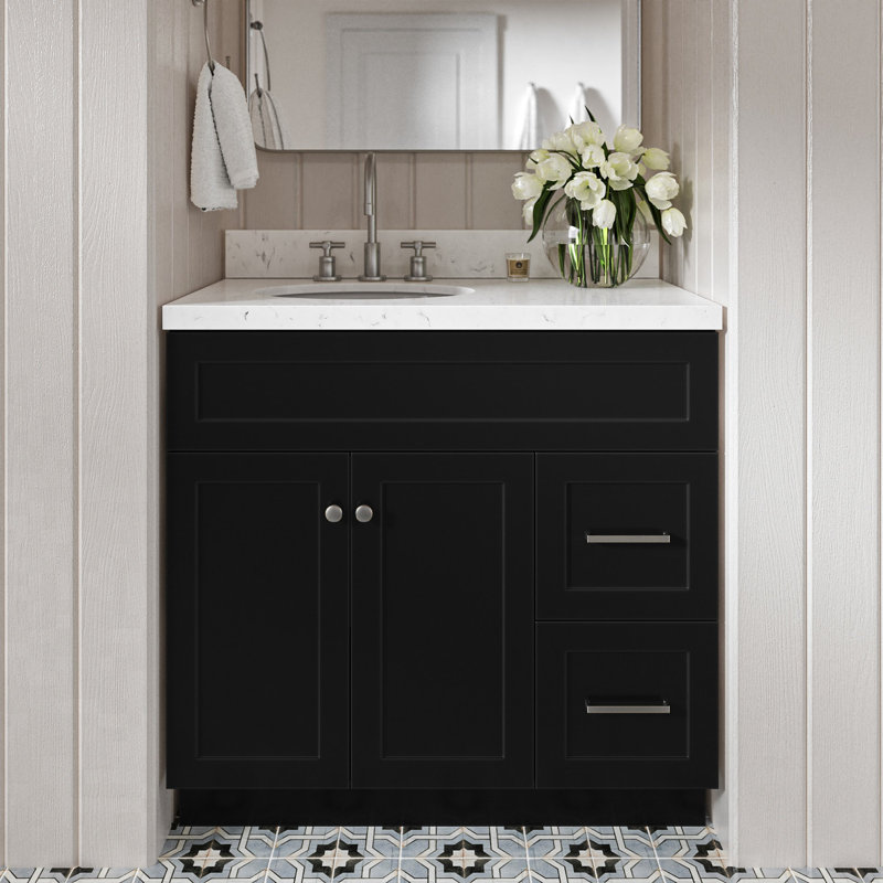 Meuble-lavabo sur pied simple 36 po avec plateau en quartz Abell, Noir