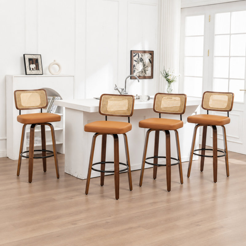 Tabouret de bar pivotant à dossier en canne avec siège en similicuir, Orange