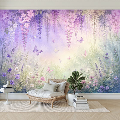 Papier peint adhésif peler et coller papillons suspendus auvent floral rose doux Lavande Aquarelle Jardin Papier autocollant amovible pour décoration de salon Chambre à coucher H 100 po x l 144 po