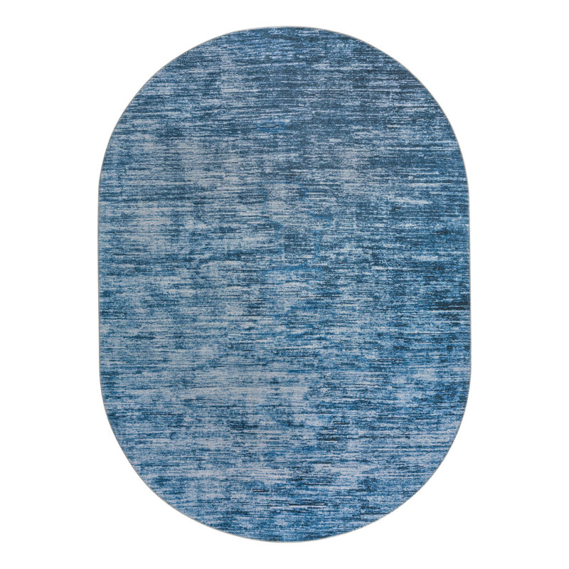 Tapis bleu en chenille tissé à la machine Montagne, Ovale 7 pi 6 po x 10 pi 6 po
