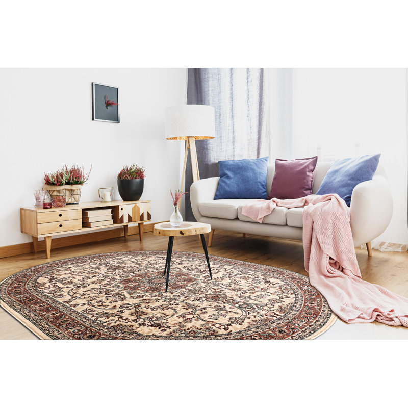 Dhrampla Oriental Wool Area Rug, Oval 200 x 300cm, Beige/Red