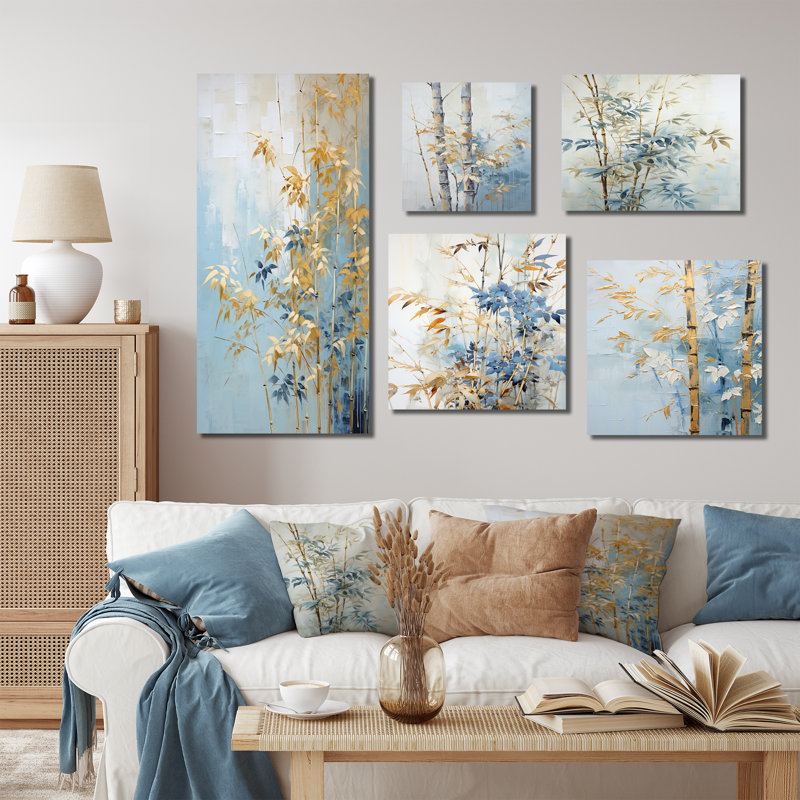 «Blue and Gold Bamboo Dance III», ensemble de 5 reproductions d'art mural en bambou, Toile tendue